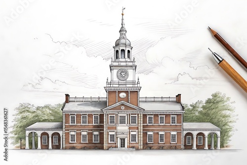 Detailed architectural drawing of independence hall with colored pencils isolated on white background