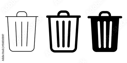 Flat minimalist dustbin icon in outline style, vector EPS 10. Represents delete, remove, or discard actions in digital interfaces, file systems, or app toolbars. Ideal for trash, bin or clean-up tools