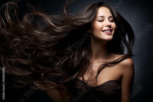 Studio portrait of a beautiful smiling woman with long brown hair flowing in the wind