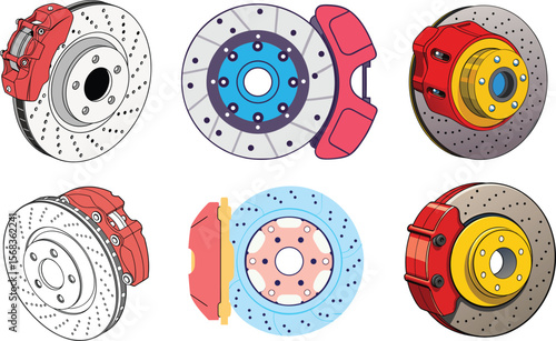 3D Vector Isometric Car Disc Brake Assembly with Ventilated Cross-Drilled Rotor and Colored Caliper. 