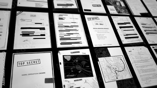 Camera passing over top secret classified looking documents on black background. Various official government and intelligence agency reports and memos photos and maps with censorship redacted lines