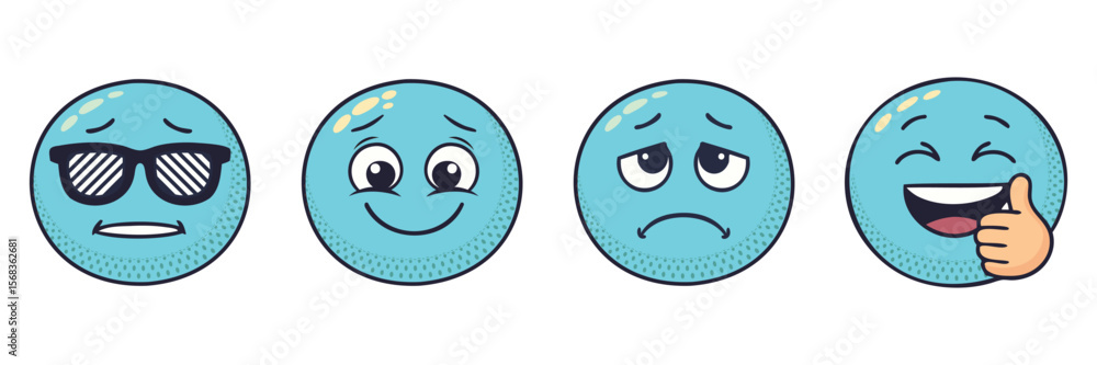 Fototapeta premium A set of blue emoji with happy, funny, and sad cartoon faces, symbolizing expressions of fun and happiness, blue cartoon emoticons with different expressions, a cute smiling face with sunglasses