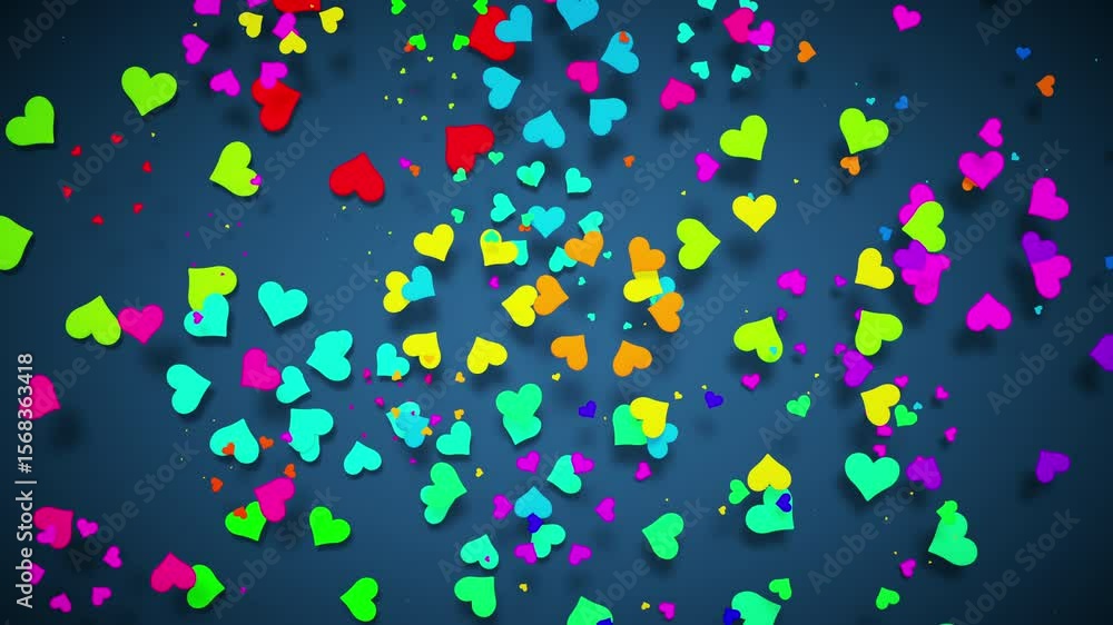A vibrant looping animation of colorful hearts swirling in an endless motion on a dark background. Perfect for romantic, festive, or positive projects. Cycle animation. A vibrant looping animation of colorful hearts swirling in an endless motion on a dark background. Perfect for romantic, festive, or positive projects. Cycle animation.