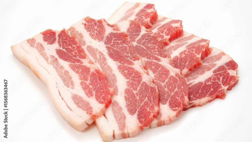 Several slices of uncooked pork belly with alternating layers of meat and fat on a white surface Several slices of uncooked pork belly with alternating layers of meat and fat on a white surface