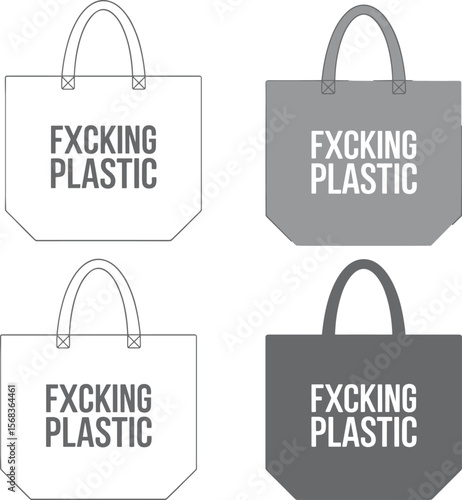 F*cking Plastic" Eco-Friendly Reusable Tote Bag Technical Fashion Flat Sketch, Sustainable Shopping Bag Apparel Design Template.