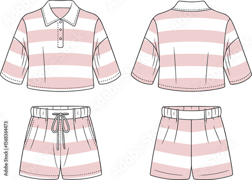 Women's Striped Polo Collar Crop Top and Matching Drawstring Shorts Lounge Set, Casual Athleisure Homewear Fashion Template.