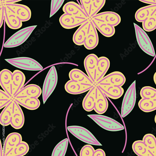 Modern and bold vector seamless pattern with large scale pink flowers on dark blue background. Hand-drawn in doodle style. Textile, background, packaging.
