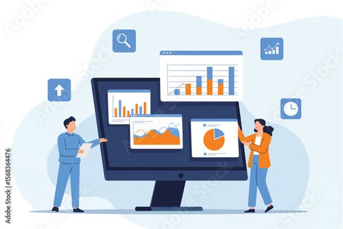 Two business professionals analyzing financial data charts and graphs on a computer screen isolated on white background