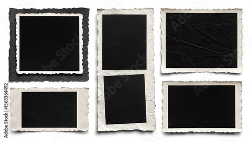 Collection of six vintage, blank photo frames; distressed, textured edges; nostalgic mood; isolated on white.