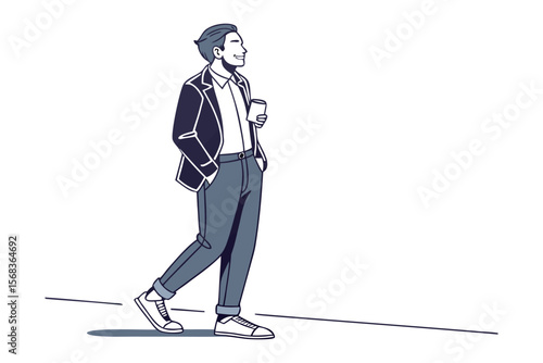 Morning Coffee Stroll: A stylish man takes a leisurely stroll, enjoying his morning coffee. The illustration features clean lines and a minimalist aesthetic.