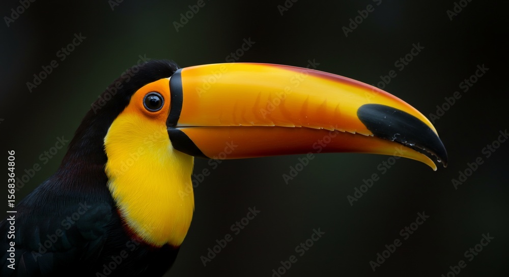 Fototapeta premium Striking Yellow-Chested Toucan Portrait with Detailed Beak and Dark Plumage