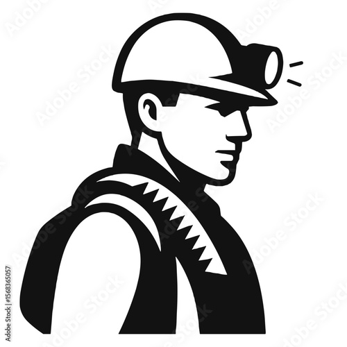 Silhouette of miner in helmet with headlamp, black and white vector illustration, concept for Miner's Day or labor celebration