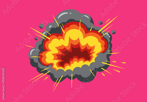 Cartoon Explosion with Flames Smoke and Yellow Burst Lines.