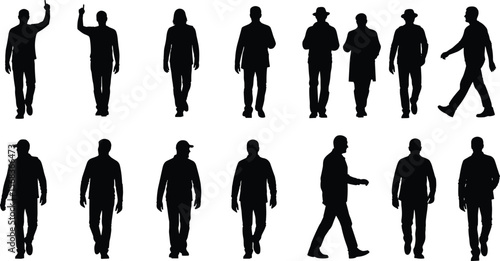 Diverse Collection of Male Silhouettes in Various Poses: Walking, Standing, and Gesturing for Design and Urban Scenes.
