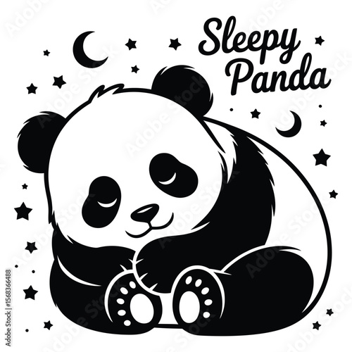 Kawaii silhouette of baby panda curled up asleep with stars and moons on clean white background
