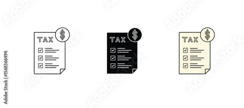 Icon of tax paper with dollar coin. Invoice document with dollar icon. Payment form and billing invoices sign. Money tax symbol. Business paperwork pictogram.