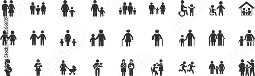 Diverse Family and Generations Icon Set Representing Community, Parenthood, Childhood, Disability, Elderly Care, and Home Life Concepts.