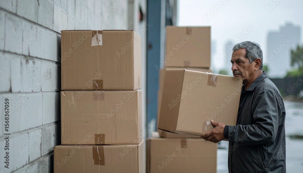 A senior man carefully carries cardboard boxes against a brick wall. The image depicts hard work and dedication. A senior man carefully carries cardboard boxes against a brick wall. The image depicts hard work and dedication.