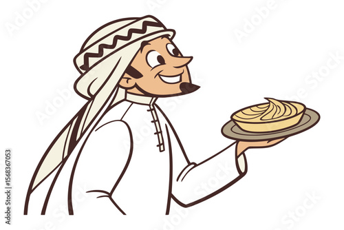 Traditional Dish Presentation: Smiling man in Middle Eastern attire presents a dish, radiating warmth and hospitality.