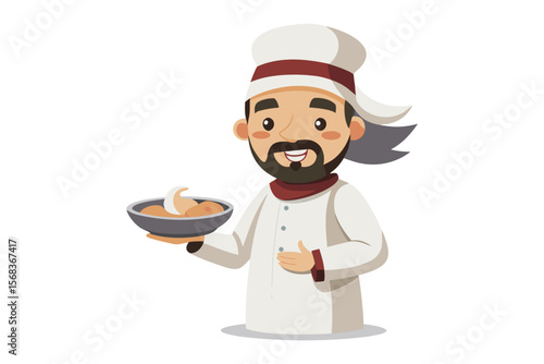Chef with Delicious Dish: A friendly cartoon chef proudly presents a bowl of appetizing food, his joyful expression radiating warmth and culinary expertise.