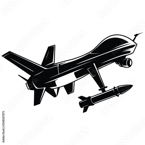 Silhouette of armed drone flying with missile launcher on isolated black and white background