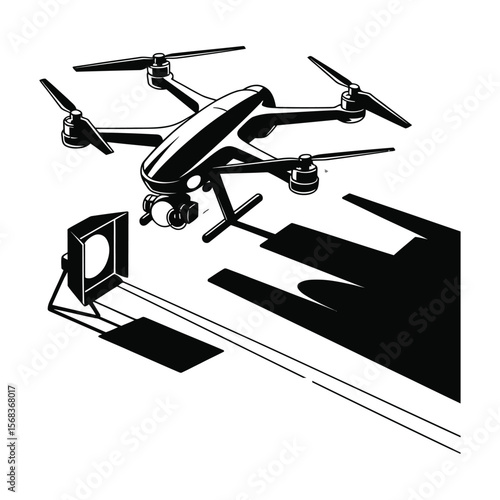 Silhouette of cinematic drone with lighting gear and sky vision text on minimalist black and white background