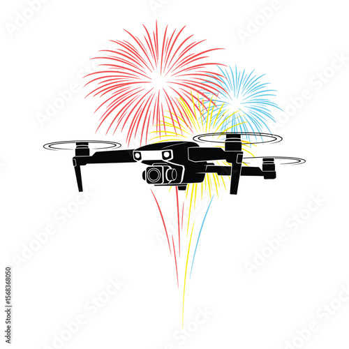 Silhouette of cinematic drone with lighting gear and sky vision text on minimalist black and white background
