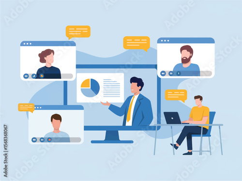 Diverse group of people participating in a virtual meeting with video conferencing and chat bubbles isolated on white background