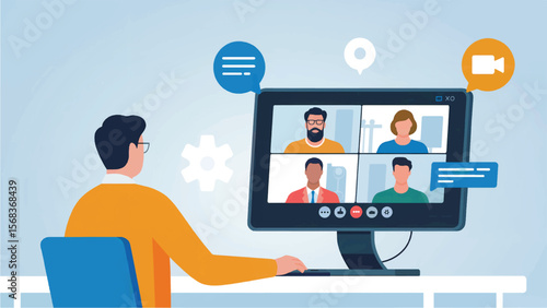 Man participating in a video conference call with colleagues discussing business strategy and project updates online isolated on white background