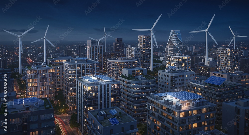 Naklejka premium Sustainable Cityscape at Night with Solar Panels and Wind Turbines