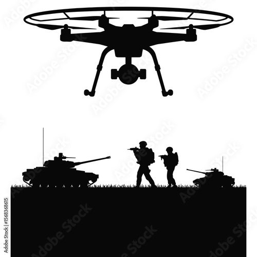 Silhouette of drone flying over army tanks and soldiers on isolated black and white background