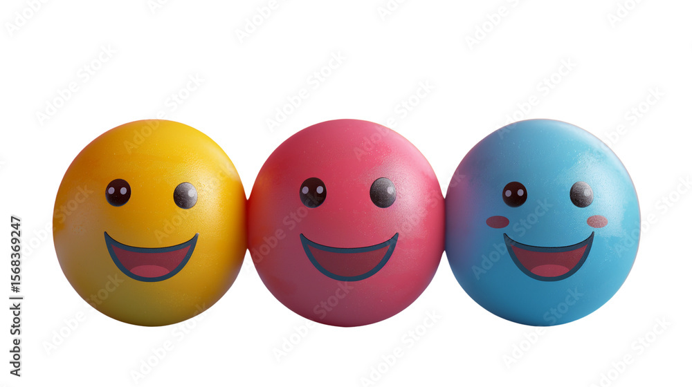 Three colorful smiling emoji balls with simple happy faces isolated on white background. Transparent PNG. perfect for educational content, kid-friendly design, or playful branding Three colorful smiling emoji balls with simple happy faces isolated on white background. Transparent PNG. perfect for educational content, kid-friendly design, or playful branding