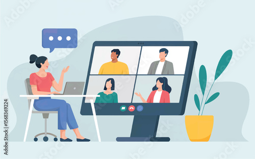 Woman participates in a video conference call with colleagues from her home office desk isolated on white background