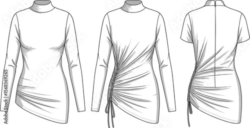 Asymmetrical ruched dress fashion flat, drawstring mini dress sketch, long sleeve bodycon dress vector, technical dress illustration, mock neck fitted top