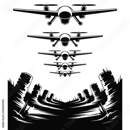 Silhouette of five military drones flying in formation above battlefield with trenches and ruins on white background