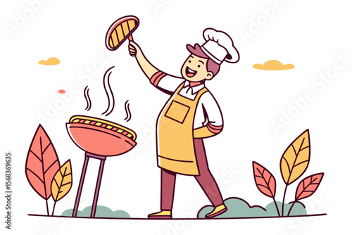 BBQ Chef and Grilled Delight: A cheerful chef, complete with a chef's hat, joyfully flips a perfectly grilled sausage above a smoking barbecue, conjuring images of convivial outdoor dining.