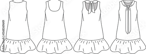 Girls drop waist dress vector, baby dress sketch, toddler sleeveless dress, fashion flat template, kids wear outline, back bow dress