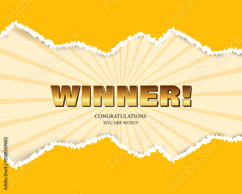 Winner congratulations banner with torn paper effect in vibrant yellow. vector horizontal background design.