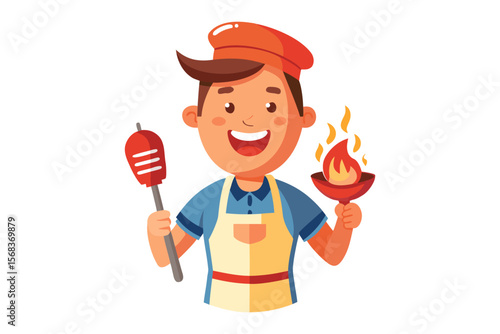 Barbecue Chef: A cheerful chef, wearing an apron and hat, joyfully brandishes a skewer of grilled food and a fiery torch, embodying the spirit of culinary skill.
