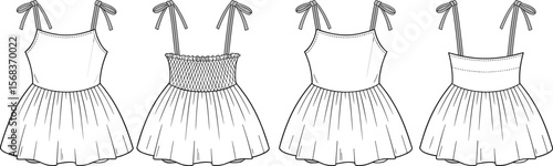 Toddler dress vector, girls summer dress sketch, bow strap dress flat, smocked bodice fashion template, baby clothing vector, front back dress