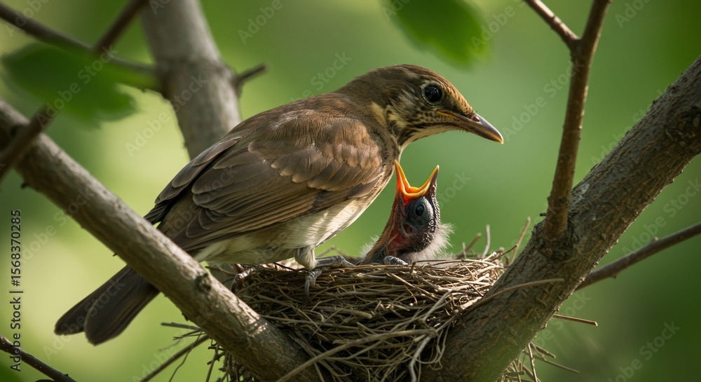 Fototapeta premium Thrush Mother Feeding Fledgling with Open Beak in Nest on Tree Branch