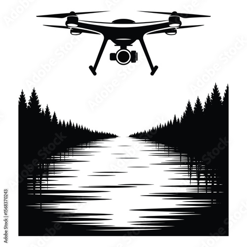 Silhouette of rescue drone scanning flooded area from above on isolated black and white background