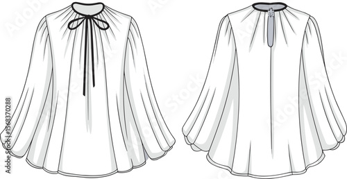 Long sleeve blouse vector, tie neck top sketch, women's fashion flat, flowy blouse drawing, gathered sleeve top, elegant top template, front back view