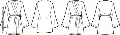 Kimono robe vector, fashion flat sketch, belted wrap design, loungewear template, women’s robe front back, wide sleeve robe illustration, bathrobe outline