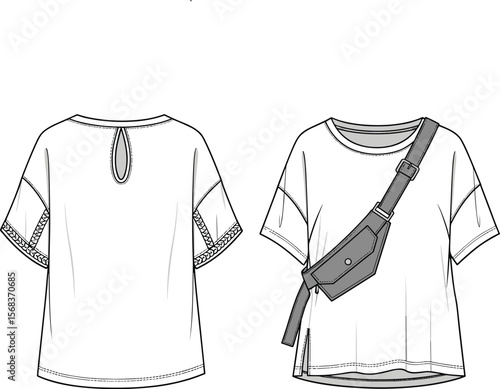Women’s Short Sleeve Top With Crossbody Bag Flat Fashion Technical Drawing, Front And Back Vector Template, Casual Streetwear T-Shirt Style Clothing Design Illustration.