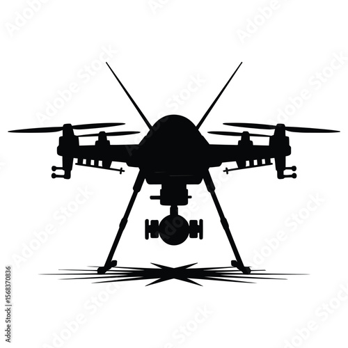 Silhouette of war drone with gun turret on isolated black and white background vector illustration