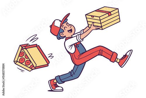 Pizza Delivery Mishap: A cheerful pizza delivery person stumbles, dropping one pizza box while carrying another, in a lighthearted illustration.