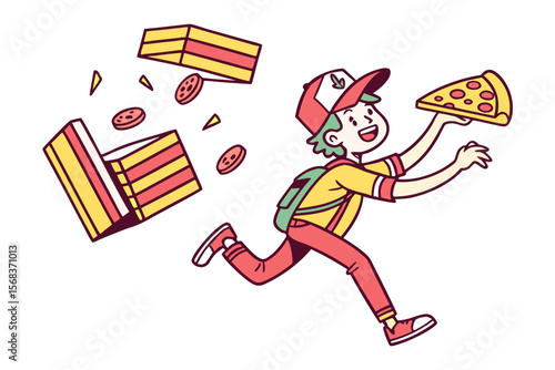 Pizza Delivery Rush: An illustration of a pizza delivery person in mid-stride, arms outstretched to maintain balance, as pizza slices and boxes spill in their wake.