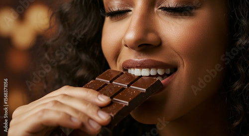 Close-up of a woman savoring a bite of dark chocolate, her eyes closed in pure delight, set against a warm, blurred background.
