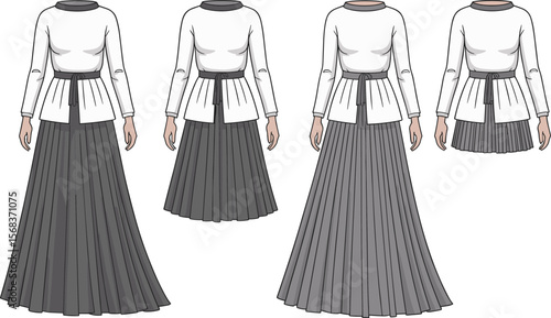 Modest fashion sketch, pleated maxi skirt, long sleeve top, belt detail design, fashion flat template, Muslim wear illustration, elegant outfit vector